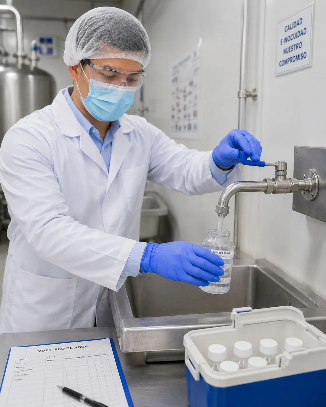 Analista tomando una muestra de agua del grifo para su análisis