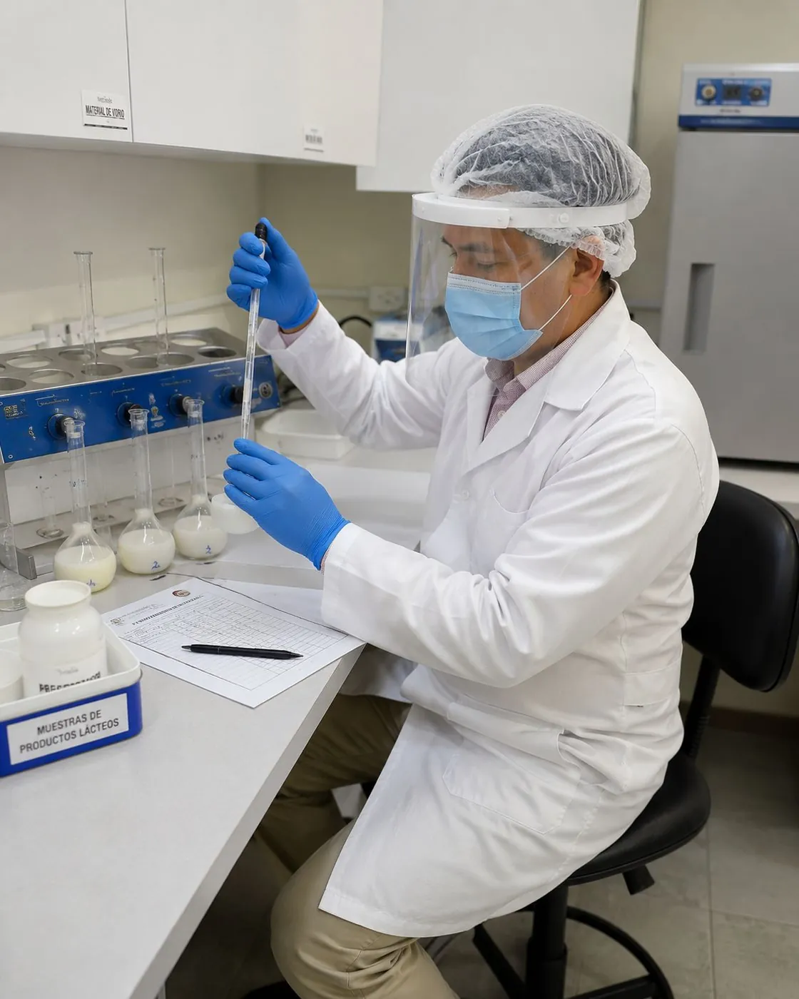 Analista trabajando con pipeta en la mesa del laboratorio