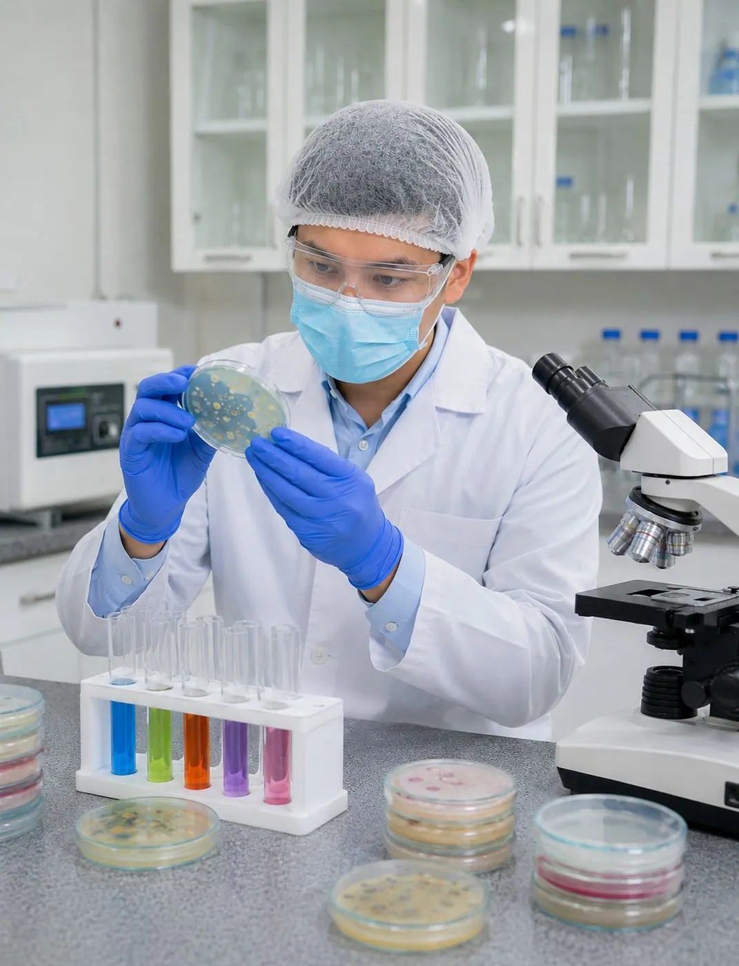 Analista revisando una caja de Petri junto a tubos de ensayo de colores