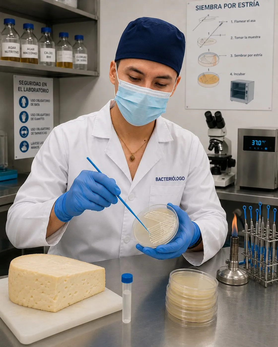 Bacterióloga tomando muestra con hisopo junto a un queso en la mesa del laboratorio