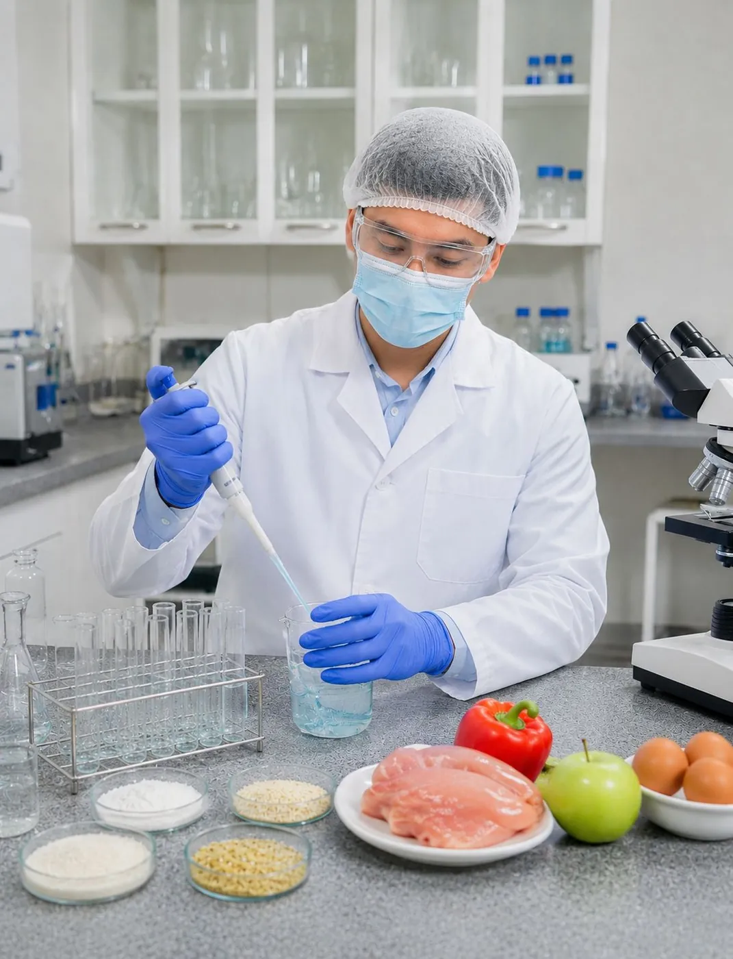 Analista preparando muestras de alimentos como carne, huevos y frutas